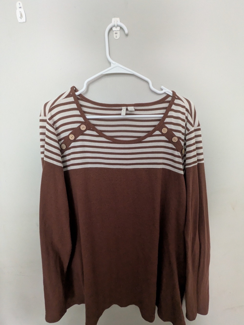 Sisley Brown and Cream Striped Shoulder Button Long-Sleeve Top